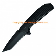 New Black Pocket Knife Spring Assisted Opening Half Serrated Tanto Blade Knives